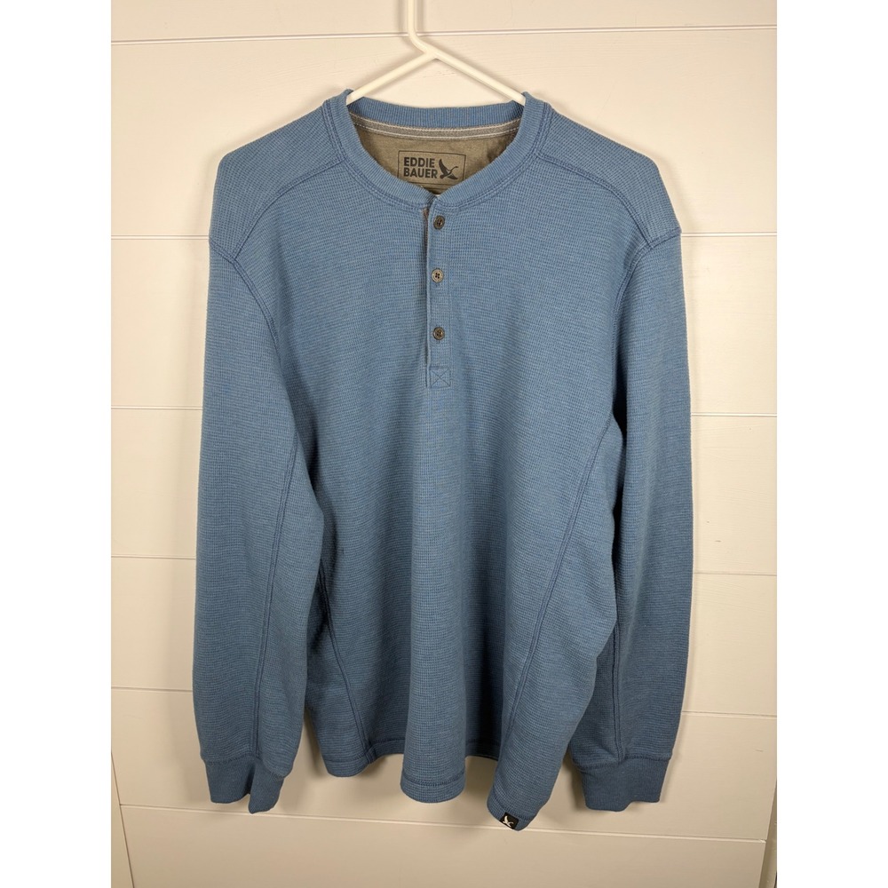 Eddie Bauer Thermal Henley Shirt Mens L Blue Waffle Knit Long Sleeve Gorpcore - Picture 10 of 10